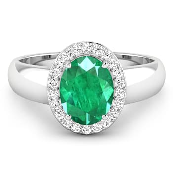 1.75ctw Green Emerald and Diamond 14K White Gold Halo Ring