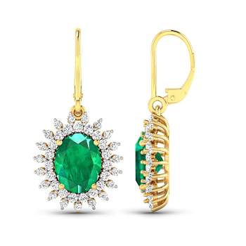 3.06ctw 14K Yellow Gold  Zambian Green Emerald and White Diamond Halo Earrings