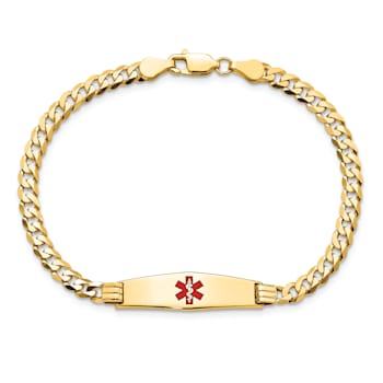14k Yellow Gold Medical Soft Diamond Shape Red Enamel Curb Link ID Bracelet