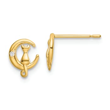 14k Yellow Gold Cubic Zirconia Cat on the Moon Stud Earrings