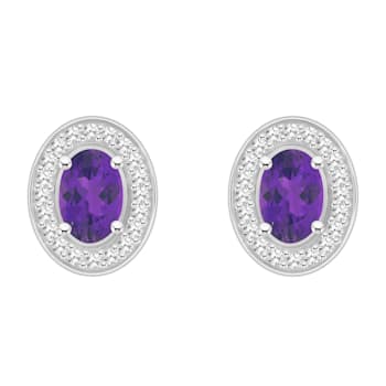 6x4mm Oval Amethyst 1/5 ctw Diamond Rhodium Over Sterling Silver Halo
Stud Earrings