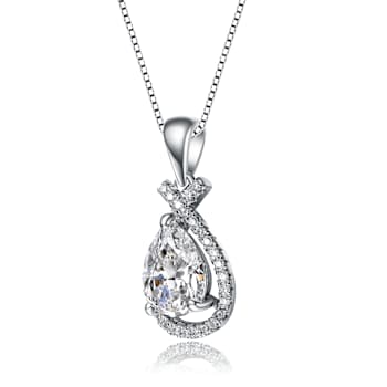 CZ Pear Shape Halo Pendant Necklace In White Rhodium Over Brass