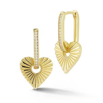 Rachel Zoe CZ Fluted Heart Charm Hoop Earrings in 14K Gold Over Sterling Silver