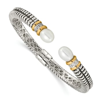 Sterling Silver with 14K Gold Over Sterling Silver Oxidized Freshwater
Cultured Pearl/Diamond Cuff