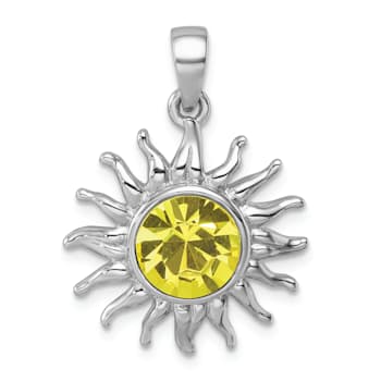 Rhodium Over Sterling Silver Polished Yellow Crystal Sun Pendant