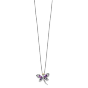 Rhodium Over Sterling Silver Amethyst, Iolite, and Diamond Dragonfly
18" with 2" Extension Necklace