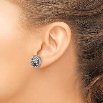 Sterling Silver Rhodium-plated with 14K Accent Multi Gemstone Stud Earrings