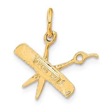 14k Yellow Gold Brushed, Diamond-Cut Comb and Scissors Charm