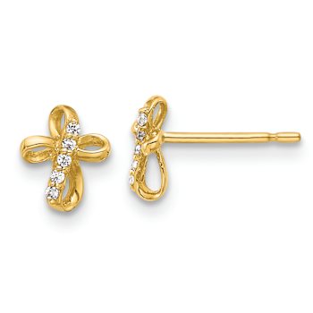 14k Yellow Gold Cubic Zirconia Cross Stud Earrings