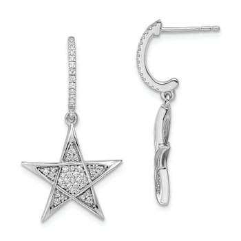 Rhodium Over 14k White Gold Polished Diamond Star Dangle Earrings