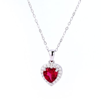Red Lab Created Ruby With Moissanite Accents Rhodium Over Silver Heart Pendant