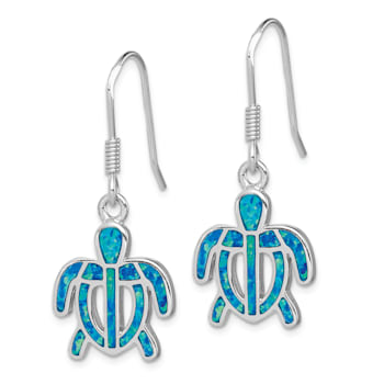 Rhodium Over Sterling Silver Lab Created Opal Inlay Tortoise Dangle Earrings