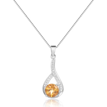 Round Citrine and White Sapphire Sterling Silver Pendant With Chain