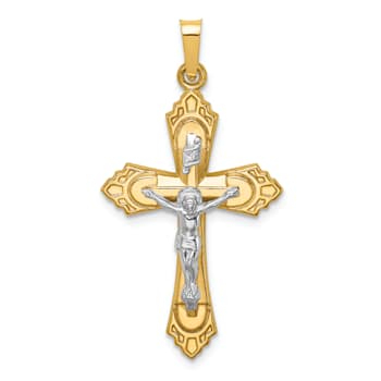 14k Yellow Gold and 14k White Gold Polished Fleur-de-Lis Crucifix Pendant
