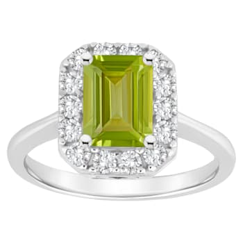 8x6mm Emerald Cut Peridot And White Topaz Accents Rhodium Over Sterling
Silver Halo Ring