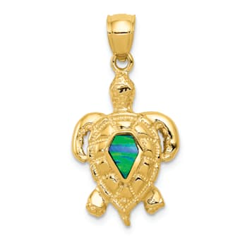 14K Yellow Gold Polished Created Blue Opal Turtle Pendant