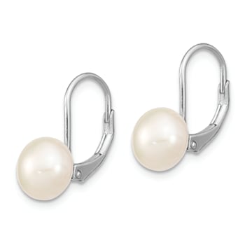 Rhodium Over Sterling Silver 8-9mm Button Freshwater Cultured Pearl
Leverback Earrings