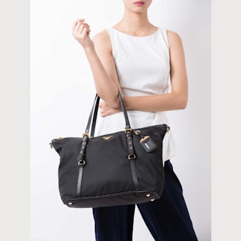Prada Tessuto Nylon Saffiano Leather Black Top Zip Tote Bag