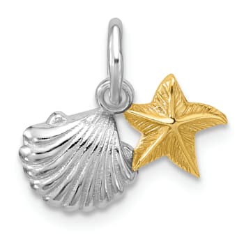 Rhodium Over Sterling Silver Yellow Polished Starfish and Shell Pendant