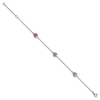 Rhodium Over Sterling Silver Red, Green and Blue Glass Heart with 1-inch
Extension Bracelet