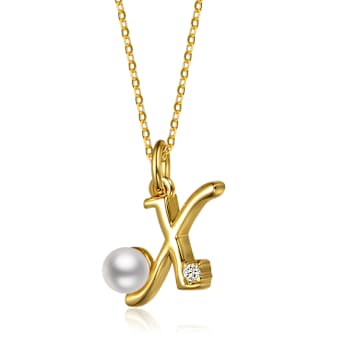 Initial X Pear Shape CZ And Pearl Pendant Necklace In 14K Gold Over Brass