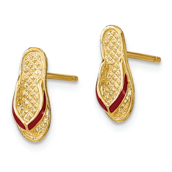 14k Yellow Gold 3D with Fuschia Enamel Single Flip-Flop Stud Earrings