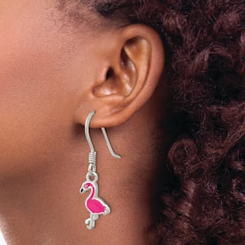 Rhodium Over Sterling Silver Black/Pink Enamel Flamingo Children's
Dangle Earrings