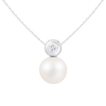 White Cultured Freshwater Pearl and Diamond 14K White Gold Pendant 8-8.5mm