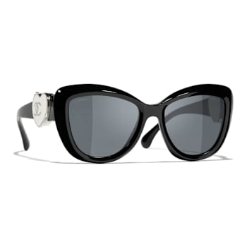 Chanel Black Cat Eye with Silver Tone Heart Detail Frame / Gray Lenses Sunglasses