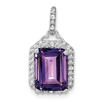Rhodium Over 10k White Gold 5.07 ctw Emerald-cut Amethyst and Diamond
Halo Pendant