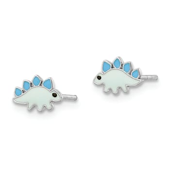 Rhodium Over Sterling Silver Enameled Dinosaur Children's Post Earrings