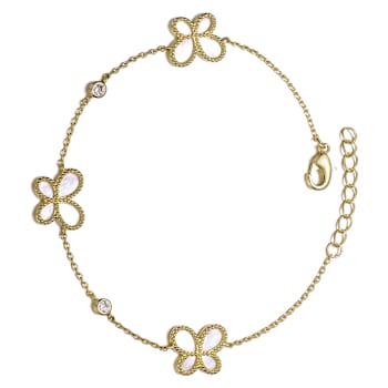 White Mother-Of-Pearl Butterfly Link Bracelet In 14K Gold Over Sterling Silver