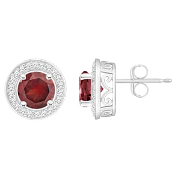 6mm Round Garnet 1/5 ctw Diamond Rhodium Over Sterling Silver Halo Stud Earrings