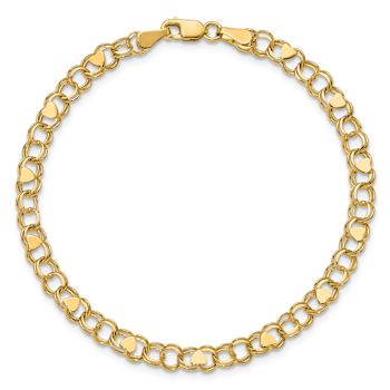10k Yellow Gold 4mm Double Link Heart Charm Bracelet
