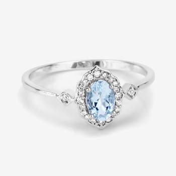 Blue Aquamarine and White Diamond 14K White Gold Halo Ring