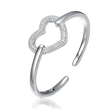 Heart Motif CZ Pave Cuff Bracelet In Sterling Silver