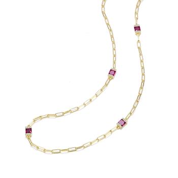 Ruby Color CZ Station Necklace In 14K Gold Over Brass