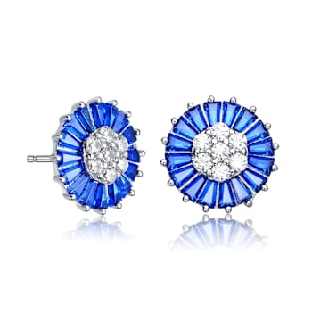 Sapphire Color CZ Halo Stud Earrings In Sterling Silver
