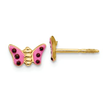 14K Yellow Gold Pink Enameled Butterfly Earrings