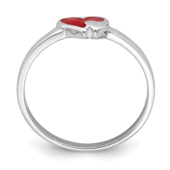 Rhodium Over Sterling Silver Red Enameled Double Heart Children's Ring