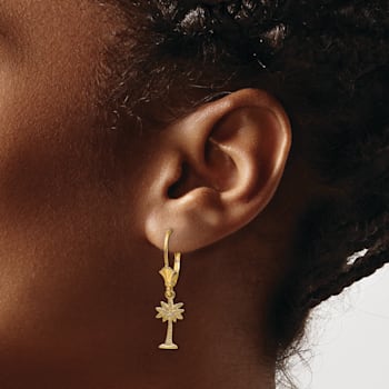 14k Yellow Gold Textured Mini Palmetto Palm Tree Dangle Earrings