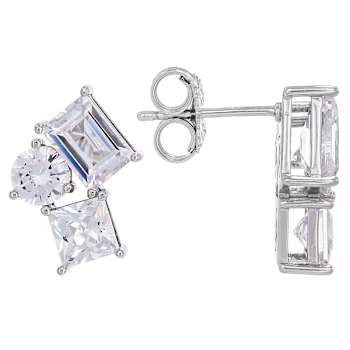Mixed Geometric CZ Drop Earrings In Sterling Silver