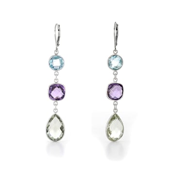 Green Pear Praisiolite, Blue Round Topaz, and Purple Cushion Amethyst
Sterling Silver Earrings 17ctw