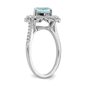 Rhodium Over 14K White Gold Aquamarine Vintage Diamond Halo Engagement Ring