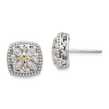 Sterling Silver Rhodium-plated with 14K Accent Diamond Post Earrings