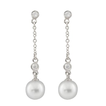 7-7.5mm Akoya Pearl with Diamond Accent 14K White Gold Dangling Chain
Earrings, 0.12ctw