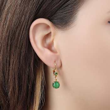 Gold Tone Green Moonstone Drop Leverback Earrings