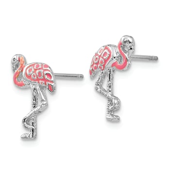 Rhodium Over 14k White Gold Textured Pink Enameled Flamingo Stud Earrings
