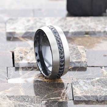 AVIATOR Domed Brushed Titanium Men's Wedding Band with Black Sapphire
Stones Inlay 8mm