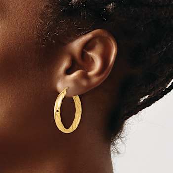 14k Yellow Gold Polished and Textured 1 1/4" Hoop Earrings